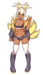  1girl abs animal_ears ass_visible_through_thighs bare_shoulders boots borrowed_character breasts collarbone commentary commission cutoffs dark_skin english_commentary eyebrows_visible_through_hair fox_ears fox_girl fox_tail full_body green_eyes hand_up harumi_(elh) head_tilt high_ponytail highres jacket knee_boots legs_apart long_hair looking_at_viewer multiple_tails nav navel off_shoulder original parted_lips pigeon-toed ponytail short_shorts shorts simple_background skindentation small_breasts smile solo standing tail thigh-highs toned unbuttoned white_background white_hair white_legwear 