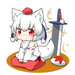  1girl :3 animal_ears character_name chibi closed_mouth detached_sleeves full_body hat hinotama_(hinotama422) inubashiri_momiji long_sleeves looking_at_viewer orange_eyes planted_sword planted_weapon red_hat red_skirt ribbon-trimmed_sleeves ribbon_trim shield short_hair simple_background sitting skirt solo sword tail tokin_hat touhou v_arms weapon white_background white_hair wolf_ears wolf_girl wolf_tail 