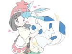  1girl bag bangs beanie black_hair blush carrying creatures_(company) eyebrows_visible_through_hair feet_up floral_print game_freak gen_4_pokemon glaceon green_shorts grey_eyes handbag hat holding mizuki_(pokemon) nintendo nonobuki nuzzle open_mouth pokemon pokemon_(game) pokemon_sm shirt short_hair shorts shoulder_bag simple_background smile standing tied_shirt waist white_background 