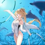  1girl arm_up blonde_hair blue_eyes competition_swimsuit covered_navel cowboy_shot dolphin eyewear_on_head fate/grand_order fate_(series) highleg highleg_swimsuit highres hoop jacket jeanne_d&#039;arc_(fate)_(all) jeanne_d&#039;arc_(swimsuit_archer) long_hair looking_at_viewer one-piece_swimsuit open_clothes open_jacket shatte solo swimsuit whistle whistle_around_neck white_jacket white_swimsuit 