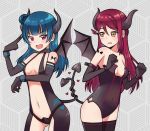  2girls :d bangs black_collar black_gloves black_legwear black_leotard black_wings blue_hair blush breasts ceph_(greatyazawa1819) cleavage clenched_hands cowboy_shot demon_girl demon_horns demon_wings elbow_gloves eyebrows_visible_through_hair fang gloves gluteal_fold grey_background hair_ornament hairclip heart highres horns intertwined_tails leotard long_hair looking_at_another looking_at_viewer love_live! love_live!_school_idol_project love_live!_sunshine!! medium_breasts multiple_girls navel open_mouth redhead revealing_clothes sakurauchi_riko shoulder_tattoo side_bun small_breasts smile strapless strapless_leotard sweatdrop tattoo thigh-highs tsushima_yoshiko v v-shaped_eyebrows violet_eyes wing_tattoo wings wrist_cuffs yellow_eyes 