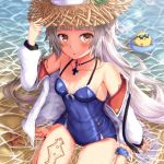  1girl :o afloat ankle_ribbon arm_up azur_lane bangs bare_legs bare_shoulders barefoot bird blue_swimsuit blunt_bangs blush breasts breasts_apart brown_eyes buranketo_2 casual_one-piece_swimsuit chicken collarbone commentary_request cross cross_necklace eyebrows_visible_through_hair from_above grey_hair hand_on_headwear hat highres innertube iron_cross jacket jewelry long_hair long_sleeves looking_up mole mole_under_eye necklace off_shoulder one-piece_swimsuit open_clothes open_jacket outdoors parted_lips pendant ribbon shallow_water shiny shiny_hair sitting small_breasts solo straight_hair straw_hat sunglasses swimsuit tattoo very_long_hair wariza water white_jacket z46_(azur_lane) 