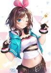  1girl ;) a.i._channel aqua_eyes aqua_jacket artist_name bangs blush breasts brown_hair choker dated fingerless_gloves gloves headphones heart heart_choker highres ika_(4801055) jacket kizuna_ai looking_at_viewer medium_breasts midriff multicolored_hair navel one_eye_closed open_clothes pink_hair short_hair short_shorts short_sleeves shorts signature smile solo stomach streaked_hair swept_bangs two-tone_hair 