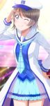  1girl anchor_symbol birthday blue_eyes blue_neckwear blue_skirt commentary_request earrings grey_hair hand_on_hip hat jacket jewelry kazuma_(theworld000021) long_jacket long_sleeves looking_at_viewer love_live! love_live!_sunshine!! mirai_no_bokura_wa_shitteru_yo neckerchief plaid_neckwear pleated_skirt sailor_hat salute seiyuu_connection short_hair skirt solo watanabe_you white_jacket 