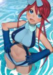  1girl blue_eyes blue_gloves breasts cowboy_shot creatures_(company) dark_skin fuuro_(pokemon) game_freak gatchan gloves hair_ornament highres hips large_breasts looking_at_viewer midriff navel nintendo open_mouth partially_submerged pokemon pokemon_(game) pokemon_bw redhead short_shorts shorts solo swimsuit water wet wide_hips 