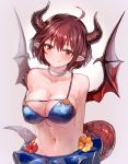  1girl bikini dragon_horns dragon_tail dragon_wings granblue_fantasy grea_(shingeki_no_bahamut) highres horns looking_at_viewer navel pointy_ears purple_hair red_eyes short_hair skirt smile solo sukemyon swimsuit tail upper_body wings 