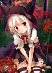  1girl azur_lane bangs black_cape black_skirt blurry blurry_background blurry_foreground blush cape chinomaron closed_mouth commentary_request day depth_of_field erebus_(azur_lane) eyebrows_visible_through_hair flower hair_between_eyes head_tilt highres hooded_cape horns long_hair outdoors pleated_skirt puffy_short_sleeves puffy_sleeves red_eyes red_flower shirt short_sleeves signature silver_hair sitting skirt smile solo striped striped_legwear thigh-highs torn_clothes twitter_username wariza white_shirt 