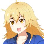  1girl ahoge blonde_hair character_request commentary_request copyright_request hair_between_eyes long_hair open_mouth shadow smile solo upper_body white_background yellow_eyes yuureidoushi_(yuurei6214) 