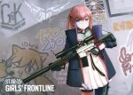  1girl ar-15 black_gloves blue_eyes blue_hair brown_hair character_name closed_mouth copyright_name fingerless_gloves girls_frontline gloves graffiti gun highres holding holding_gun holding_weapon idw_(girls_frontline) jacy lee-enfield_(girls_frontline) looking_at_viewer rifle short_hair short_twintails sniper_rifle solo st_ar-15_(girls_frontline) twintails wanted weapon 