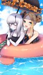  2girls :d abigail_williams_(fate/grand_order) akirai bags_under_eyes bare_shoulders bikini black_bikini black_bow black_umbrella blonde_hair blue_sky blush bow closed_mouth clouds cloudy_sky collarbone commentary_request day double_bun emerald_float fate/grand_order fate_(series) fingernails forehead frilled_umbrella frills green_eyes hair_between_eyes hair_bow head_tilt highres holding holding_umbrella horn innertube lavinia_whateley_(fate/grand_order) long_hair looking_at_viewer multiple_girls open_mouth orange_bow outdoors pale_skin polka_dot polka_dot_bow polka_dot_innertube see-through side_bun sky smile sweat swimming swimsuit umbrella under_umbrella water wide-eyed 