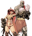  1boy 1girl absurdres animal_ears archvermin bald bare_shoulders breasts cerberus_(shingeki_no_bahamut) crossover dog_ears god_of_war hand_puppet highres kratos long_hair medium_breasts muscle navel open_mouth puppet red_eyes redhead shingeki_no_bahamut standing tattoo thigh-highs twintails very_long_hair weapon 