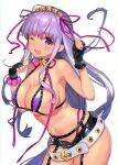  1girl ;d armpits bangs bare_arms bare_shoulders bb_(fate/extra_ccc) bb_(swimsuit_mooncancer)_(fate) bead_bracelet beads belt belt_buckle beltskirt bikini black_choker black_gloves black_shorts blush bracelet breasts buckle choker cleavage collarbone commentary_request cowboy_shot eyebrows_visible_through_hair fate/grand_order fate_(series) fingerless_gloves floating_hair garter_straps gloves hair_between_eyes hair_ribbon halter_top halterneck hands_up index_finger_raised jewelry large_breasts leaning_forward long_hair looking_at_viewer navel nayuta_(una) one_eye_closed open_fly open_mouth pink_bikini_bottom pink_eyes pink_ribbon purple_bikini purple_hair ribbon shiny shiny_hair short_shorts shorts sidelocks simple_background smile solo standing star star_choker stomach string_bikini swimsuit tan tanline upper_teeth very_long_hair white_background white_belt 