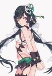  1girl akym arms_behind_back ass bare_shoulders bikini black_hair blurry blush breasts commentary_request cowboy_shot depth_of_field fate/grand_order fate_(series) from_behind hair_ornament hair_ribbon heterochromia highres kunai long_hair looking_at_viewer looking_back mochizuki_chiyome_(fate/grand_order) ribbon small_breasts solo standing swimsuit tattoo thigh-highs twintails very_long_hair violet_eyes weapon white_background yellow_eyes 
