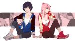  1boy 1girl absurdres aqua_eyes blue_eyes blue_horns breasts can chenaze57 cleavage coca-cola collarbone darling_in_the_franxx drinking hairband highres hiro_(darling_in_the_franxx) holding holding_can jacket long_hair medium_breasts open_clothes open_jacket pants pants_rolled_up pepsi pink_hair ponytail red_horns shirt shoes short_hair sitting sneakers white_hairband white_shirt zero_two_(darling_in_the_franxx) 
