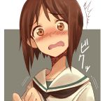  /\/\/\ 1girl bangs black_neckwear blouse blush brown_eyes brown_hair commentary eyebrows_visible_through_hair frown girls_und_panzer hands_together long_sleeves looking_at_viewer motion_lines neckerchief nishizumi_miho ooarai_school_uniform open_mouth portrait scared school_uniform serafuku short_hair solo suo_(sndrta2n) wavy_mouth white_blouse 
