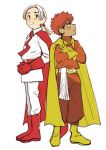  2boys anpanman belt boots cape crossed_arms currypanman dark_skin dark_skinned_male full_body gloves hair_intakes hands_together ken_(shiyu) long_hair long_sleeves looking_at_viewer male_focus messy_hair multiple_boys personification puffy_pants red_belt red_cape red_footwear red_gloves redhead shokupanman superhero white_hair yellow_cape yellow_footwear yellow_gloves 
