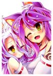  2girls :3 animal_ears blue_hair blush breasts closed_mouth commentary_request detached_sleeves fang gradient_hair japanese_clothes jibril_(no_game_no_life) kemonomimi_mode large_breasts long_hair miko mimi0846 multicolored_hair multiple_girls no_game_no_life one_eye_closed open_mouth purple_hair shiro_(no_game_no_life) smile tattoo very_long_hair yellow_eyes 