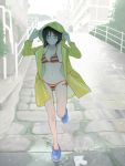  1girl bikini black_hair commentary_request crocs full_body grin hood hood_up orange_bikini original rain raincoat running side-tie_bikini smile solo striped striped_bikini swimsuit swimsuit_under_clothes yas66 