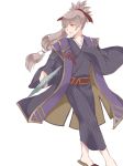  1boy fan fire_emblem fire_emblem_heroes fire_emblem_if highres holding holding_fan japanese_clothes kimono looking_at_viewer ponytail renkonmatsuri sandals simple_background smile solo takumi_(fire_emblem_if) white_background white_hair yellow_eyes 