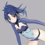  1girl alice_gear_aegis blue_hair branch_(blackrabbits) breasts commentary_request cowboy_shot dutch_angle erect_nipples grey_background long_hair parted_lips ponytail simple_background small_breasts solo takanashi_rei violet_eyes 