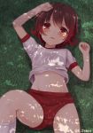  1girl brown_hair buruma dappled_sunlight gradient_hair grass gym_uniform kantai_collection kneehighs looking_at_viewer lying midriff multicolored_hair mutsuki_(kantai_collection) navel ootori_(kyoya-ohtori) red_buruma red_eyes redhead shirt shirt_lift short_hair solo sunlight twitter_username white_legwear white_shirt 