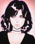 1girl black_hair choker close-up closed_mouth collarbone face gradient gradient_background highres ilya_kuvshinov lips looking_at_viewer medium_hair original red_background red_eyes solo 