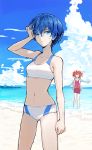  2girls akuma_no_riddle azuma_tokaku beach bikini blue_eyes blue_hair blue_sky clouds colored_eyelashes diomedea hand_in_hair ichinose_haru kadokawa_shoten looking_at_viewer minakata_sunao multiple_girls navel ocean outdoors redhead sexy shore short_hair sky smile summer swimsuit tomboy twintails wet wet_hair 