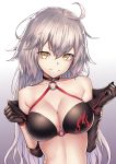  1girl ahoge bare_shoulders bikini black_bikini black_gloves black_jacket breasts choker cleavage commentary_request cropped_jacket eyebrows_visible_through_hair fate_(series) gloves gradient gradient_background hair_between_eyes jacket jeanne_d&#039;arc_(alter)_(fate) jeanne_d&#039;arc_(alter_swimsuit_berserker) jeanne_d&#039;arc_(fate)_(all) large_breasts long_hair looking_at_viewer midriff o-ring open_clothes open_jacket parted_lips ryuinu sleeves_rolled_up solo swimsuit upper_body yellow_eyes 