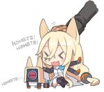  &gt;_&lt; animal_ears asymmetrical_legwear blonde_hair chibi closed_eyes dinergate_(girls_frontline) english g41_(girls_frontline) girls_frontline hand_on_another&#039;s_head happy open_mouth petting ran_system 