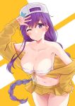  1girl bangs bb_(fate/extra_ccc) blush braid breasts fate/grand_order fate_(series) hat highres large_breasts long_hair looking_at_viewer minikon navel one_eye_closed purple_hair solo v very_long_hair violet_eyes 