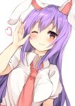  1girl ;) animal_ears bangs blush breasts commentary_request dutch_angle hair_between_eyes hand_up heart karasusou_nano large_breasts long_hair looking_at_viewer necktie one_eye_closed pink_neckwear puffy_short_sleeves puffy_sleeves purple_hair rabbit_ears red_eyes reisen_udongein_inaba shirt short_sleeves sidelocks simple_background smile solo touhou upper_body white_background white_shirt wing_collar 