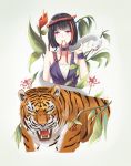  1girl artist_request bang_dream! black_hair cherry choker dress flower food fruit highres mitake_ran multicolored_hair purple_choker purple_dress purple_wristband red_eyes red_ribbon redhead ribbon short_hair snake spider_lily streaked_hair teeth_hold tiger upper_body violet_eyes white_snake wristband yellow_eyes 