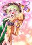  +++ 1girl alcohol alternate_costume arm_up bangs blush bottle bow breasts commentary_request drooling drunk eyebrows_visible_through_hair furisode green_eyes green_hair hair_between_eyes hat hat_bow heart heart-shaped_pupils highres holding holding_bottle japanese_clothes kimono knees_together_feet_apart komeiji_koishi looking_at_viewer nomayo nose_blush obi open_mouth saliva sash small_breasts solo sweat symbol-shaped_pupils tasuki third_eye touhou yellow_bow 