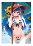  1girl alternate_costume bad_arm bangs bare_shoulders beach_umbrella bikini blue_bikini blue_hair blue_ribbon blue_sky blurry blush border breasts brown_hat cleavage clenched_hand closed_mouth commentary_request contemporary cowboy_shot day depth_of_field eyebrows_visible_through_hair flower food fruit gluteal_fold groin hair_between_eyes hands_up hat hat_flower highres hinanawi_tenshi large_breasts leaf long_hair looking_at_viewer lowleg lowleg_bikini navel peach pink_flower red_eyes ribbon skindentation sky small_breasts smile solo standing stomach striped striped_bikini sun_hat sunflower swimsuit tetsurou_(fe+) thighs touhou tree umbrella very_long_hair white_bikini white_border 