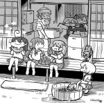  1boy 6+girls akebono_(kantai_collection) basin box chibi electric_fan food fruit glasses greyscale hose kantai_collection long_hair makigumo_(kantai_collection) monochrome multiple_girls nobuyoshi-zamurai oboro_(kantai_collection) okinami_(kantai_collection) old_man pleated_skirt rabbit sazanami_(kantai_collection) school_uniform serafuku short_hair sitting skirt ushio_(kantai_collection) water watermelon 