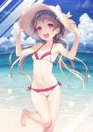  bikini blue_sky brown_hair clouds day feet_out_of_frame flat_chest floral_print frilled_bikini frills hat horizon long_hair looking_at_viewer low_twintails navel nekokan_masshigura ocean open_mouth original outdoors red_eyes side-tie_bikini sky smile standing standing_on_one_leg straw_hat sun_hat swimsuit twintails white_bikini 