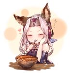  1girl animal_ears bare_shoulders blush bowl cat_ears closed_mouth eating erune food food_on_face granblue_fantasy hand_on_own_cheek heart highres long_hair looking_at_viewer rice rice_on_face scathacha_(granblue_fantasy) silver_hair simple_background smile spoon sukemyon 