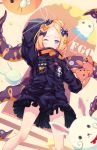  1girl ;) abigail_williams_(fate/grand_order) arm_up balloon bangs black_bow black_jacket blonde_hair blue_eyes blurry blurry_foreground blush bow character_name closed_mouth copyright_name crossed_bandaids depth_of_field fate/grand_order fate_(series) fou_(fate/grand_order) h2o_(dfo) hair_bow hair_bun holding holding_balloon holding_stuffed_animal jacket key long_hair long_sleeves looking_at_viewer medjed one_eye_closed orange_bow parted_bangs polka_dot polka_dot_bow sleeves_past_wrists smile solo standing star stuffed_animal stuffed_toy suction_cups teddy_bear tentacle 