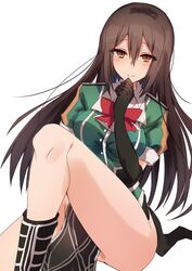  1girl black_gloves black_hair brown_eyes chikuma_(kantai_collection) commentary commentary_request elbow_gloves eyebrows_visible_through_hair gloves highres kantai_collection kinona long_hair looking_at_viewer simple_background smile solo white_background 