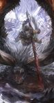  1girl armor attack chains closed_eyes crystal gauntlets glowing highres holding holding_sword holding_weapon horns huge_weapon long_sword looking_at_another midair monster_hunter monster_hunter:_world nergigante nergigante_(armor) open_mouth scar sharp_teeth sheath spikes stu_dts sword teeth weapon 