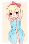  1girl bangs blonde_hair blue_shirt blush bow collarbone commentary_request eyebrows_visible_through_hair gluteal_fold groin hair_between_eyes hair_bow hairband hands_up head_tilt highres jiu_(sdesd3205) kindergarten_uniform long_hair long_sleeves looking_at_viewer naked_shirt navel open_clothes open_mouth open_shirt original oversized_clothes oversized_shirt red_bow red_eyes red_hairband sailor_collar shirt sleeves_past_wrists solo standing tears white_sailor_collar 
