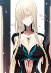  1girl bangs blonde_hair braid breasts cleavage closed_mouth collarbone colored_eyelashes commentary_request crown_braid dress fate/apocrypha fate_(series) huge_breasts long_hair looking_at_viewer morgan_le_fay_(fate) nogi_(acclima) pale_skin smile solo translated very_long_hair yellow_eyes 