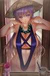  1girl adapted_costume backlighting bad_reflection bangs bathroom bead_necklace beads breasts brown_hair cleavage commentary_request cup error gradient_hair groin hair_ornament hat highres hijiri_byakuren jewelry large_breasts lavender_eyes lavender_hair long_hair looking_at_viewer mirror multicolored_hair necklace partially_undressed purple_swimsuit reflection shounen_(hogehoge) slingshot_swimsuit solo swimsuit toothbrush touhou 