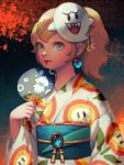  1girl artist_name bellhenge blonde_hair blooper blue_eyes boo commentary english_commentary fan festival fire_flower floral_print flower japanese_clothes kimono long_hair looking_at_viewer super_mario_bros. mask obi ponytail princess_peach sash smile solo standing super_mario_bros. super_mario_odyssey 