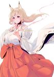  1girl animal_ears blonde_hair breasts fox_ears fox_shadow_puppet fox_tail hakama hand_on_own_face highres japanese_clothes large_breasts long_hair long_sleeves miko original red_hakama red_string ribbon ribbon-trimmed_sleeves ribbon_trim sipu smile solo string tail white_background wide_sleeves 