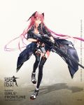  1girl absurdly_long_hair anti-materiel_rifle bangs barrett_m82 black_bra black_gloves black_legwear boots bra bra_peek breasts bullet character_name cleavage coat copyright_name cross-laced_footwear crossed_bangs eyes_visible_through_hair fingerless_gloves full_body garter_straps girls_frontline gloves gradient_hair gun hair_between_eyes head_tilt headgear high_heel_boots high_heels highres holster hood hood_down hooded_coat lace-up_boots large_breasts logo long_coat long_hair long_jacket m82a1_(girls_frontline) mid-stride midriff miniskirt multicolored_hair nail_polish open_clothes open_coat parted_lips pink_eyes pink_hair pink_nails pouch redjuice rifle running scope shoes sidelocks skindentation skirt sleeves_rolled_up sniper_rifle solo strapless thigh-highs thigh_holster trigger_discipline tripod tubetop underwear very_long_hair weapon white_tubetop 