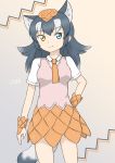  1girl absurdres animal_ears blue_eyes commentary cosplay extra_ears eyebrows_visible_through_hair giant_pangolin_(kemono_friends) giant_pangolin_(kemono_friends)_(cosplay) grey_hair grey_wolf_(kemono_friends) hand_on_hip heterochromia highres kemono_friends long_hair looking_at_viewer multicolored_hair necktie orange_neckwear scales shiraha_maru shirt short_sleeves simple_background smile solo tail two-tone_hair vest white_hair white_shirt wolf_ears wolf_tail wrist_cuffs yellow_eyes 