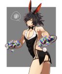 1boy animal_ears annoyed ass_cutout backless_outfit blush bunny_boy bunny_tail detached_collar fake_animal_ears fake_tail fate/grand_order fate_(series) hair_over_one_eye highres koha-ace male_focus okada_izou_(fate) pectorals rabbit_ears saint_quartz solo sweat tail tray twisted_torso u_5ham0 wavy_hair wavy_mouth yellow_eyes