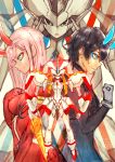  1boy 1girl back-to-back bangs black_bodysuit black_hair blue_eyes blue_horns bodysuit breasts clenched_hand commentary_request couple darling_in_the_franxx gloves green_eyes hair_ornament hairband hand_on_own_chest hetero highres hiro_(darling_in_the_franxx) horns long_hair mecha medium_breasts oni_horns pilot_suit pink_hair red_bodysuit red_gloves red_horns red_pupils sabamisob short_hair strelizia white_gloves white_hairband zero_two_(darling_in_the_franxx) 