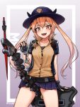  1girl :d arm_support bangs between_legs black_jacket black_shirt blue_gloves blue_hat blue_skirt blush breasts brown_shirt commentary_request cuffs dress_shirt eyebrows_visible_through_hair fingerless_gloves fingernails girls_frontline gloves hair_between_eyes handcuffs hat holding horns ivan_wang jacket light_brown_hair long_hair miniskirt open_clothes open_jacket open_mouth pleated_skirt red_eyes remington_870_(girls_frontline) shirt short_sleeves skirt small_breasts smile solo twintails very_long_hair 